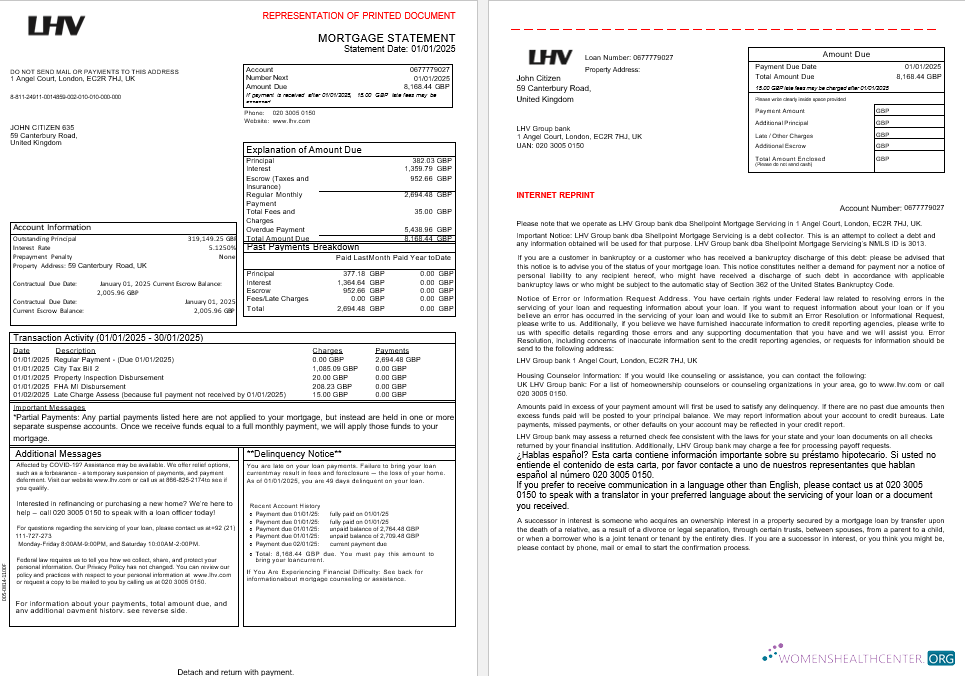 United Kingdom LHV Group bank mortgage statement in Word and PDF formats, 3 pages 1 2